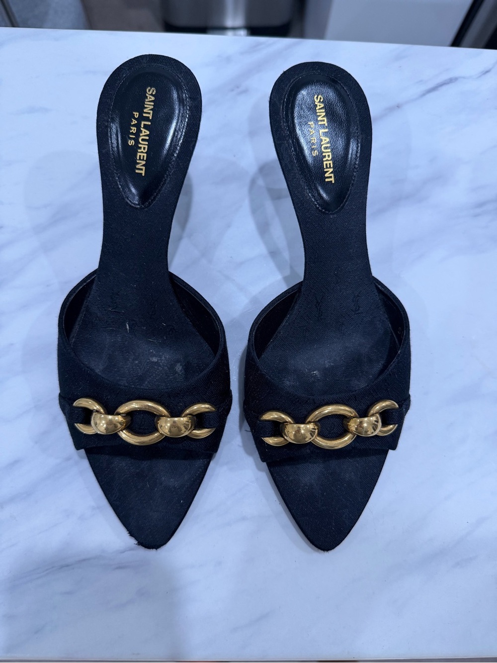 YSL Saint Laurent Black Chain-Trim Pointed Mule